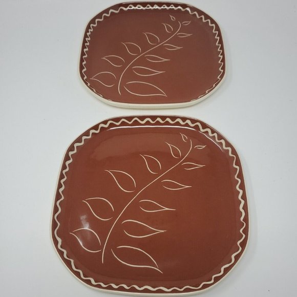 Vintage 1950s 4 Ceramics by RichardHoffman Dinner Plates Tiki No 7 Sprig of Leaf - Picture 2 of 6